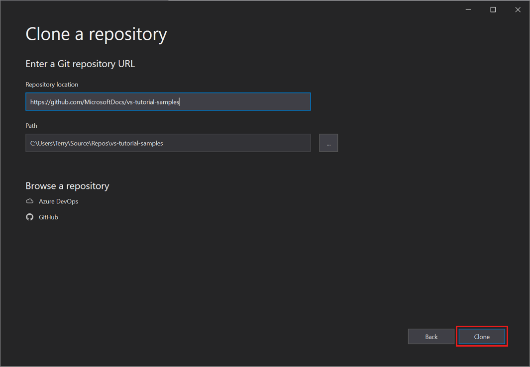Capture d’écran de la boîte de dialogue Cloner un référentiel où vous entrez une URL de dépôt Git dans Visual Studio 2019 version 16.8 et ultérieures.