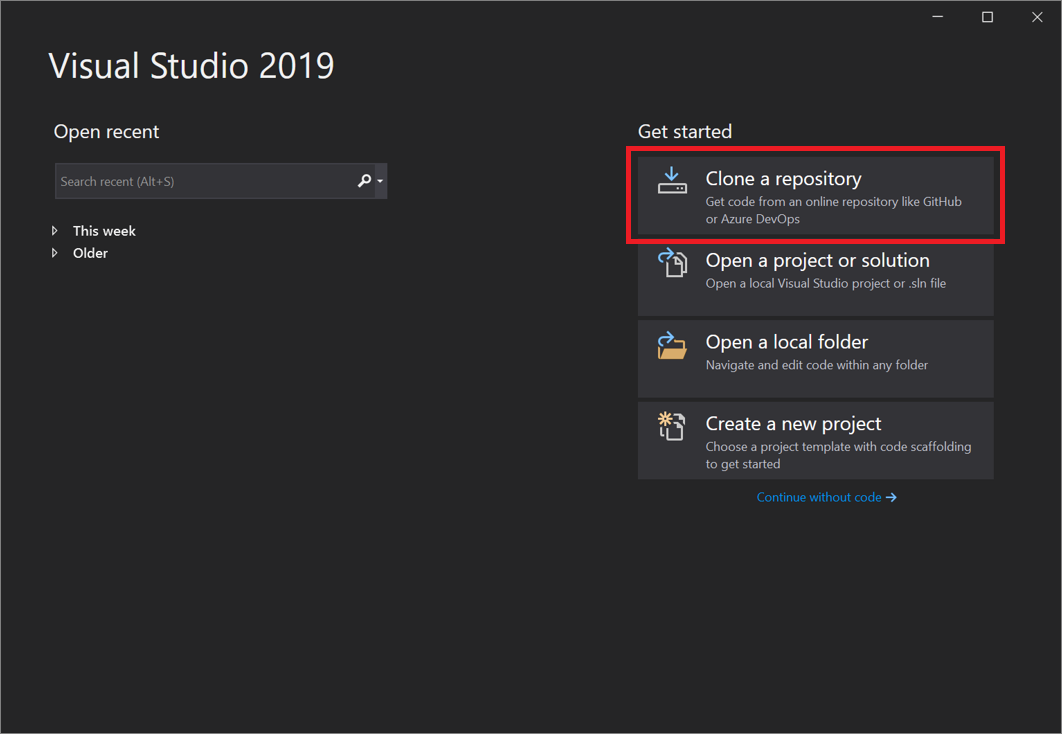 capture d’écran de la boîte de dialogue Cloner un référentiel dans Visual Studio 2019 version 16.8 et versions ultérieures.