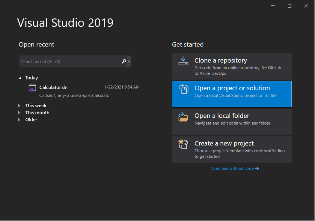 Capture d’écran de la fenêtre « Ouvrir un projet ou une solution » dans Visual Studio 2019 version 16.8 et versions ultérieures.