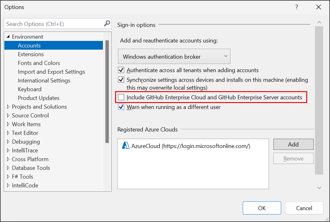 Capture d’écran de l’option de compte GitHub.