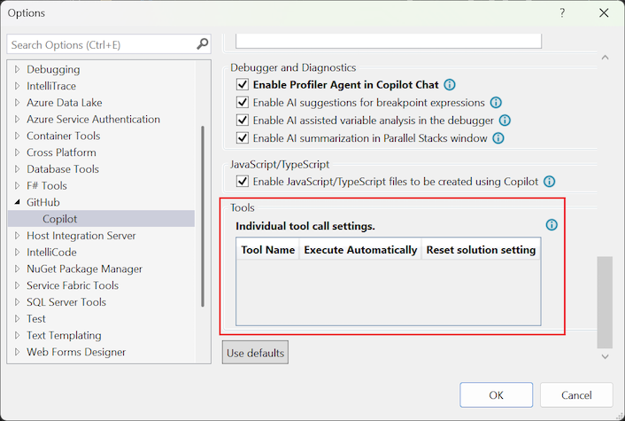 Capture d’écran montrant les paramètres de configuration des outils.