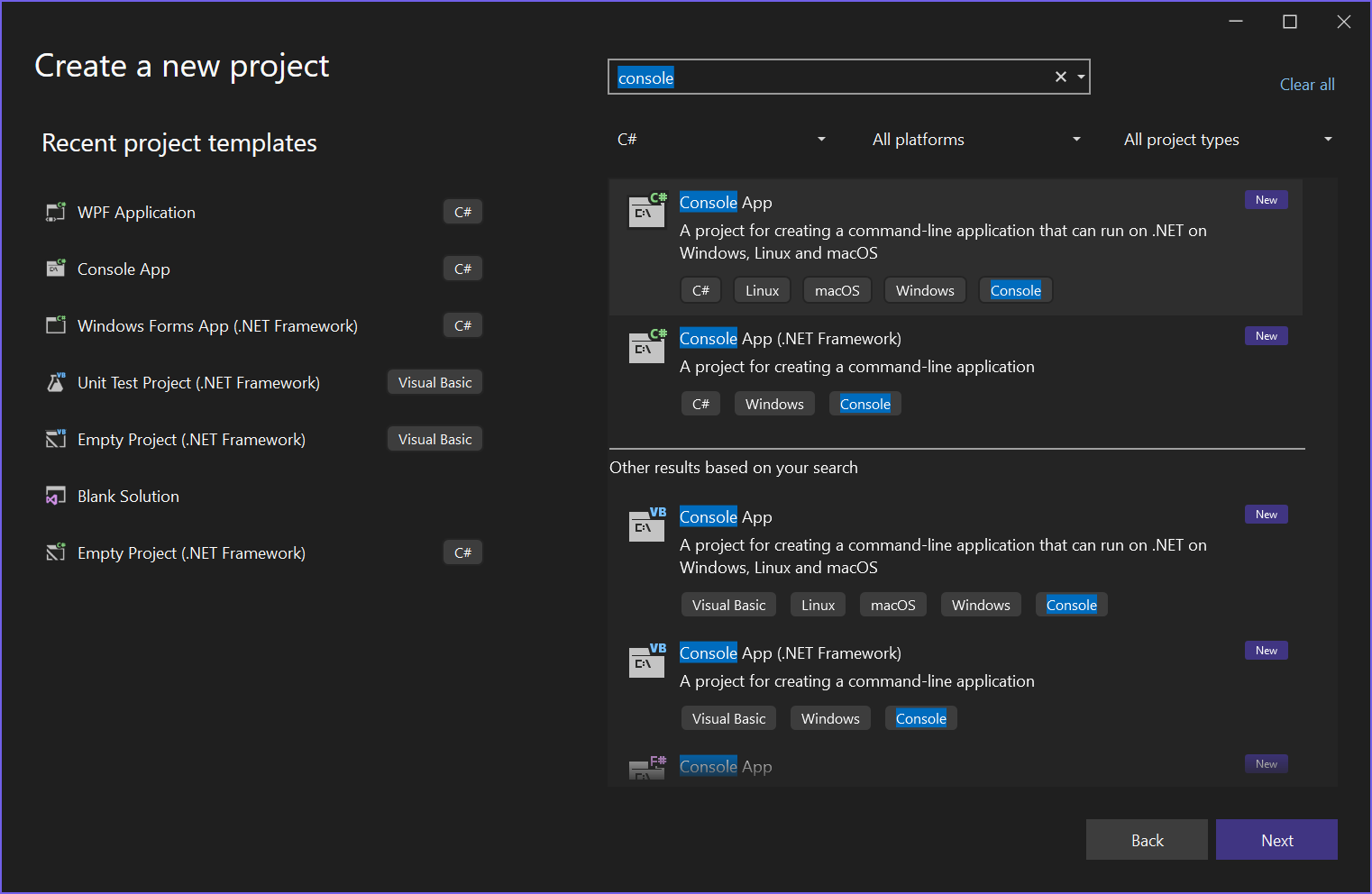 Capture d’écran de la fenêtre « Créer un projet » dans Visual Studio 2022, où vous sélectionnez le modèle souhaité.