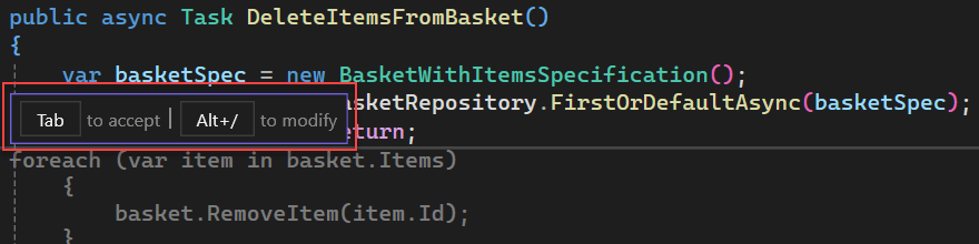 Capture d’écran montrant les suggestions d’acceptation ou de modification d’une suggestion de code Copilot GitHub dans Visual Studio.