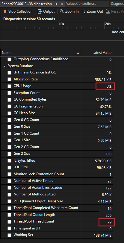 Capture d’écran des compteurs affichés dans l’outil Compteurs .NET.