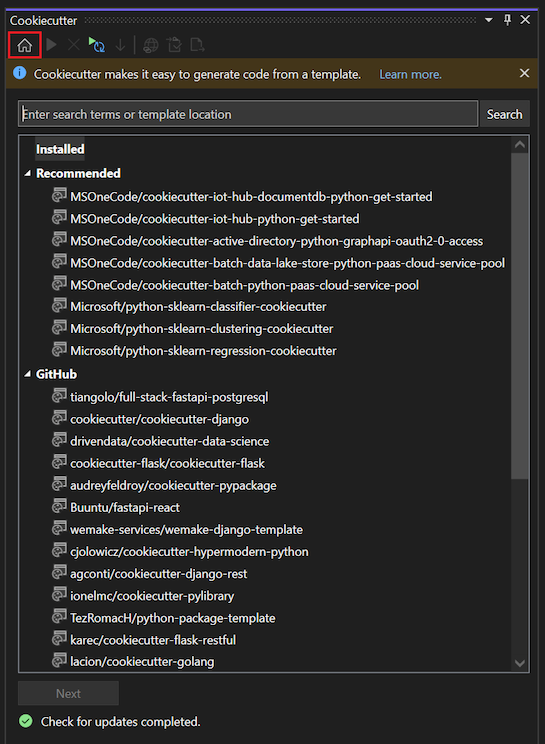Capture d’écran montrant la page d’accueil de l’Explorateur Cookiecutter dans Visual Studio avec des modèles répertoriés pour les catégories Recommandées et GitHub.