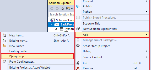 Capture d’écran montrant comment ajouter une nouvelle application Django à partir du menu contextuel de l’Explorateur de solutions dans Visual Studio.