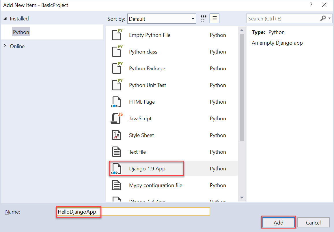 Capture d’écran montrant comment configurer le modèle d’application Django 1.9 dans Visual Studio.