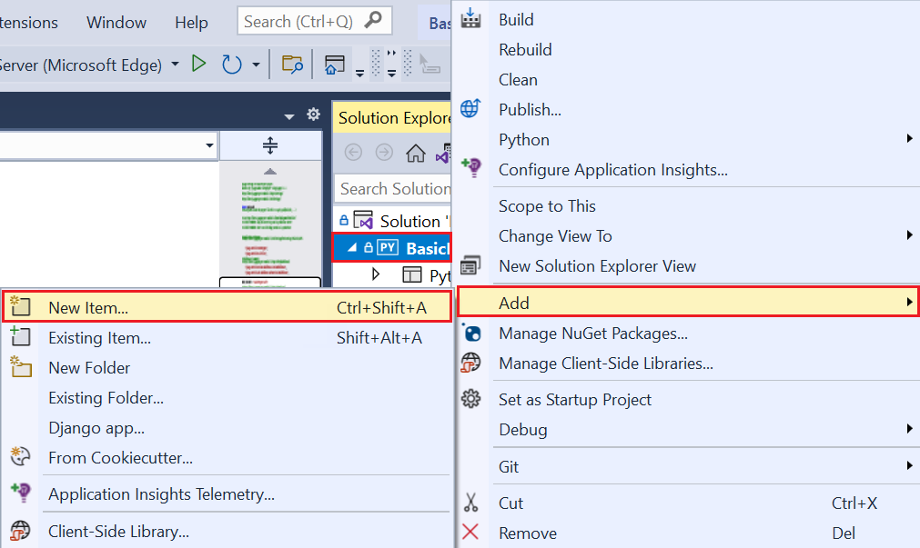 Capture d’écran montrant comment ajouter un nouvel élément à un projet dans l’Explorateur de solutions dans Visual Studio.