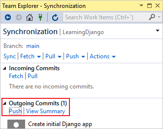 Capture d’écran montrant comment synchroniser et envoyer (push) des validations vers un référentiel distant dans Team Explorer.