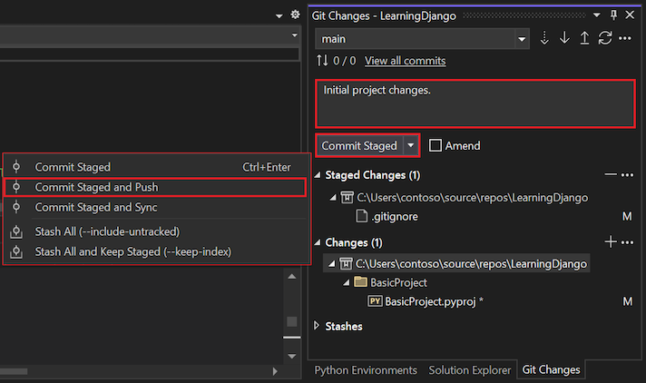Capture d’écran montrant comment modifier le message de validation et valider et envoyer (push) les validations intermédiaires dans la fenêtre Modifications Git.