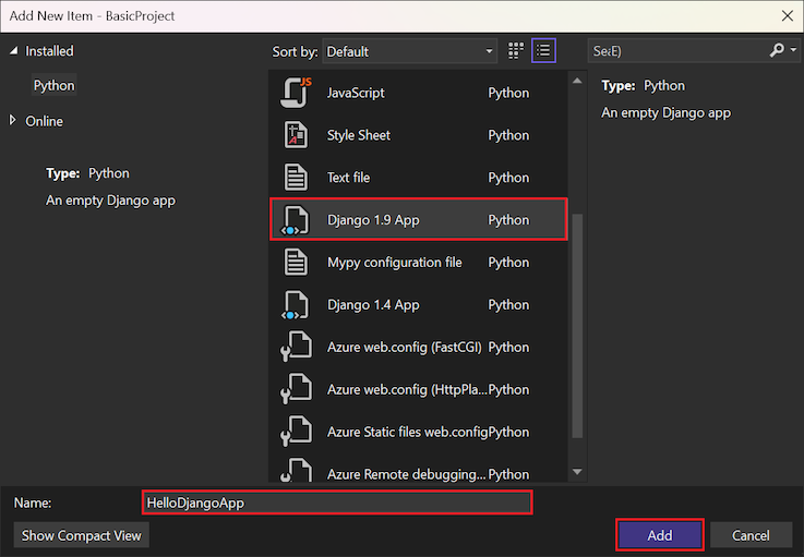 Capture d’écran montrant comment configurer le modèle d’application Django 1.9 dans Visual Studio 2022.