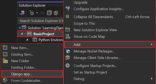 Capture d’écran montrant comment ajouter une nouvelle application Django à partir du menu contextuel de Visual Studio 2022.