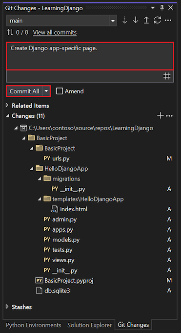 Capture d’écran montrant comment modifier le message de validation et valider toutes les modifications du code de page de l’application dans la fenêtre Modifications Git.