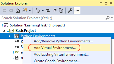 Capture d’écran montrant comment utiliser la commande Ajouter un environnement virtuel dans l’Explorateur de solutions.