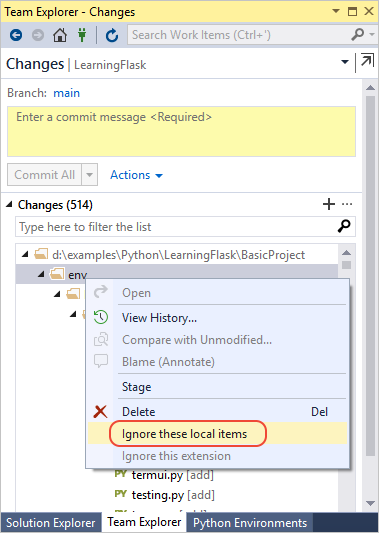Capture d’écran montrant comment ignorer un environnement virtuel dans les modifications de contrôle de code source dans Visual Studio.