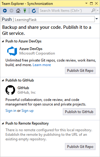 Capture d’écran de la fenêtre Team Explorer montrant les options de référentiel Git disponibles pour le contrôle de code source.