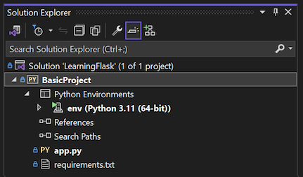 Capture d'écran montrant les fichiers projet Flask initiaux dans l'Explorateur de solutions.