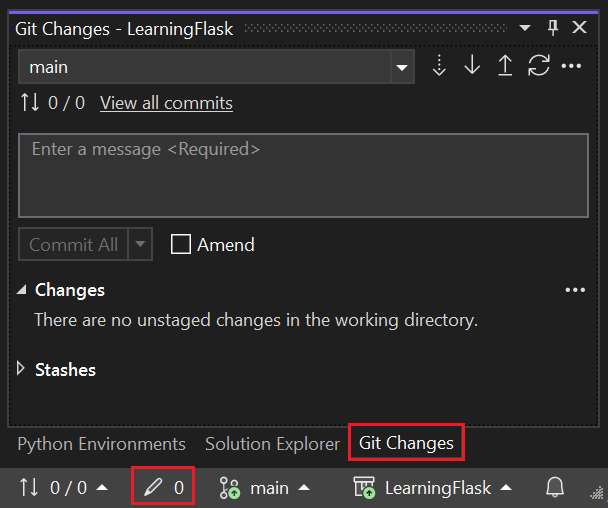Capture d’écran de la fenêtre Modifications Git dans Visual Studio montrant les validations, les modifications et les stashs actuels.