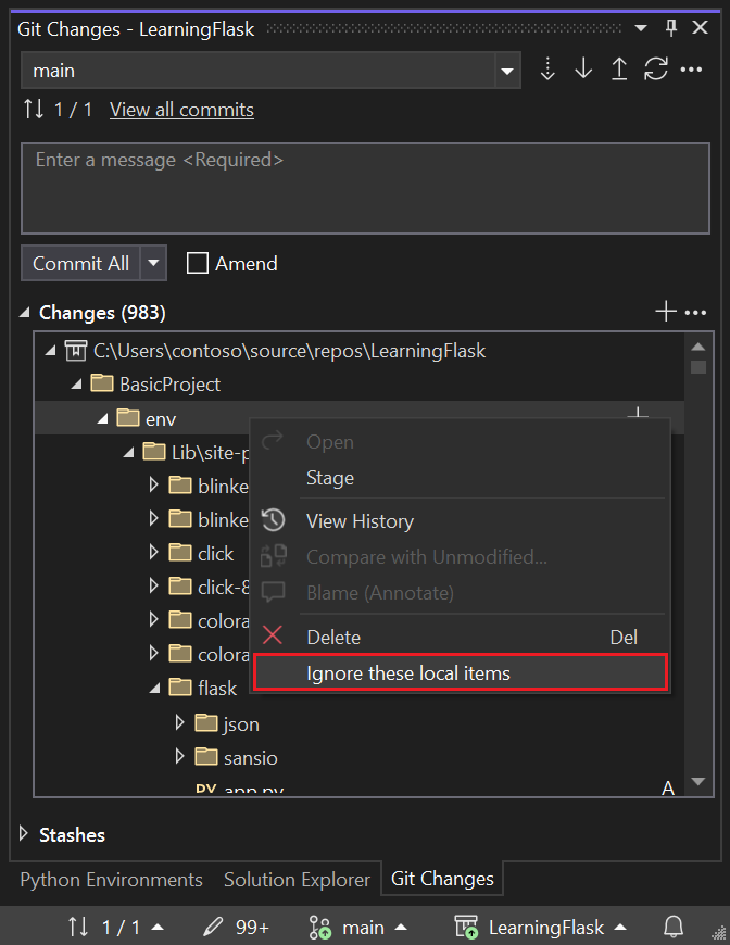 Capture d’écran montrant comment ignorer un environnement virtuel dans les modifications de contrôle de code source.