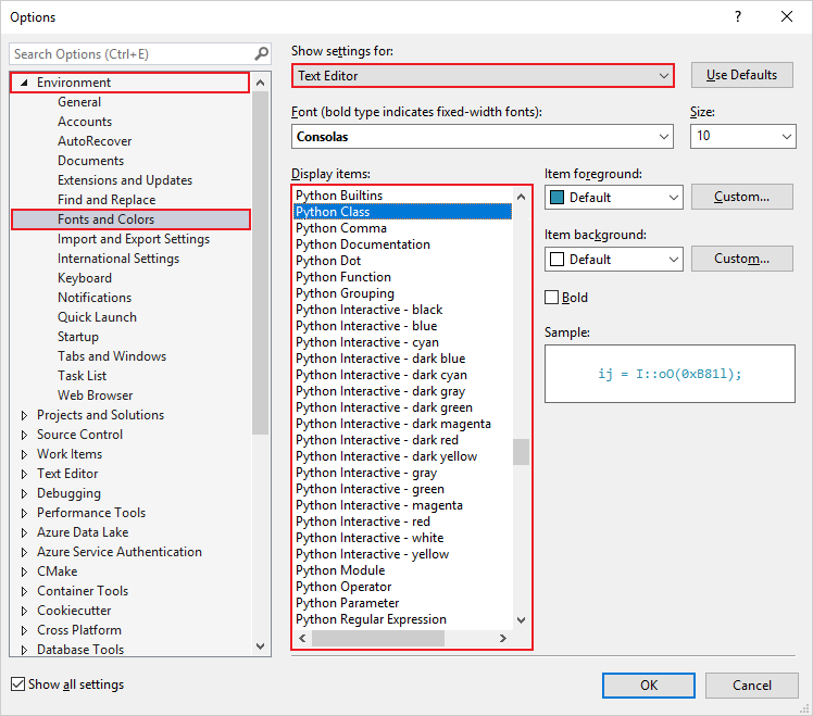 Capture d’écran montrant les options de police et de couleur Python sous Environnement dans la boîte de dialogue Options.