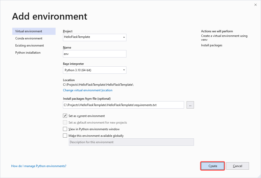 Capture d'écran montrant comment ajouter un environnement virtuel pour le projet Flask dans Visual Studio.