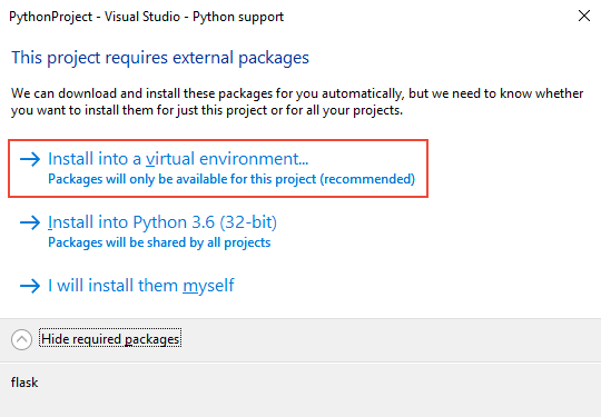 Capture d'écran de l'invite pour installer les dépendances de package requises dans un environnement virtuel dans Visual Studio.