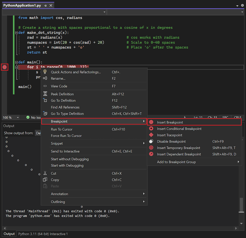 Capture d’écran montrant comment définir un point d’arrêt dans le débogueur dans Visual Studio.