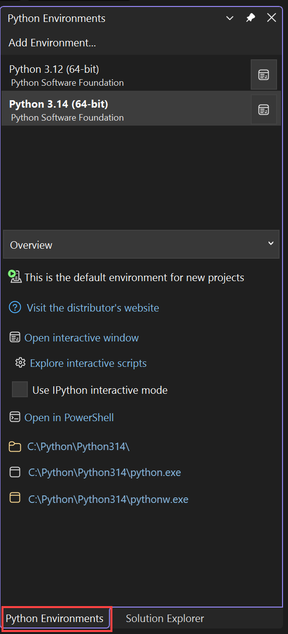 Capture d’écran de la fenêtre Environnements Python.
