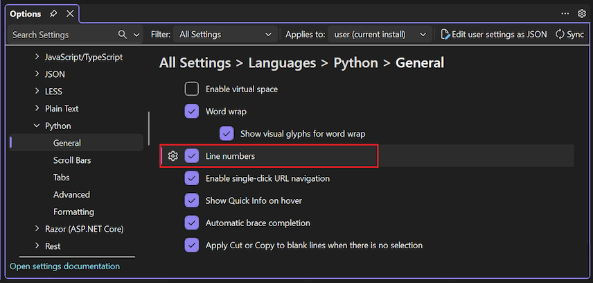 Capture d’écran montrant comment activer la numérotation des lignes dans l’éditeur avec l’option Langues Python General Line numbers.