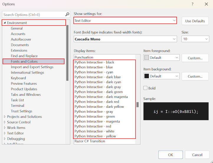Capture d’écran montrant les options de police et de couleur Python sous Environnement dans la boîte de dialogue Options de Visual Studio 2022.