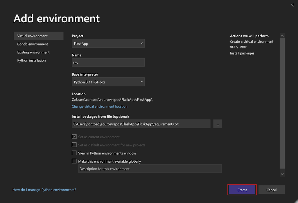 Capture d'écran montrant comment ajouter un environnement virtuel pour le projet Flask dans Visual Studio 2022.