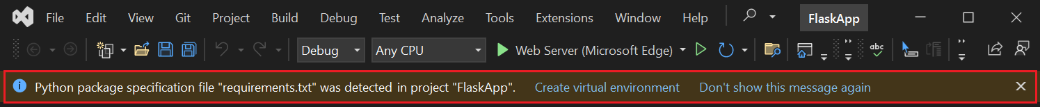 Capture d'écran de l'invite indiquant qu'un fichier d'exigences pour le projet est détecté dans Visual Studio.
