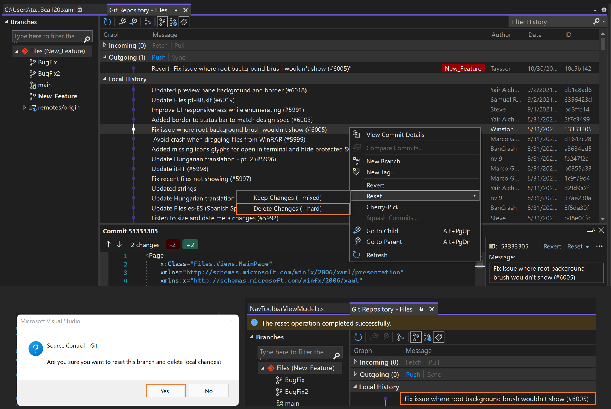 Capture d’écran montrant la réinitialisation d’une branche dans Visual Studio.