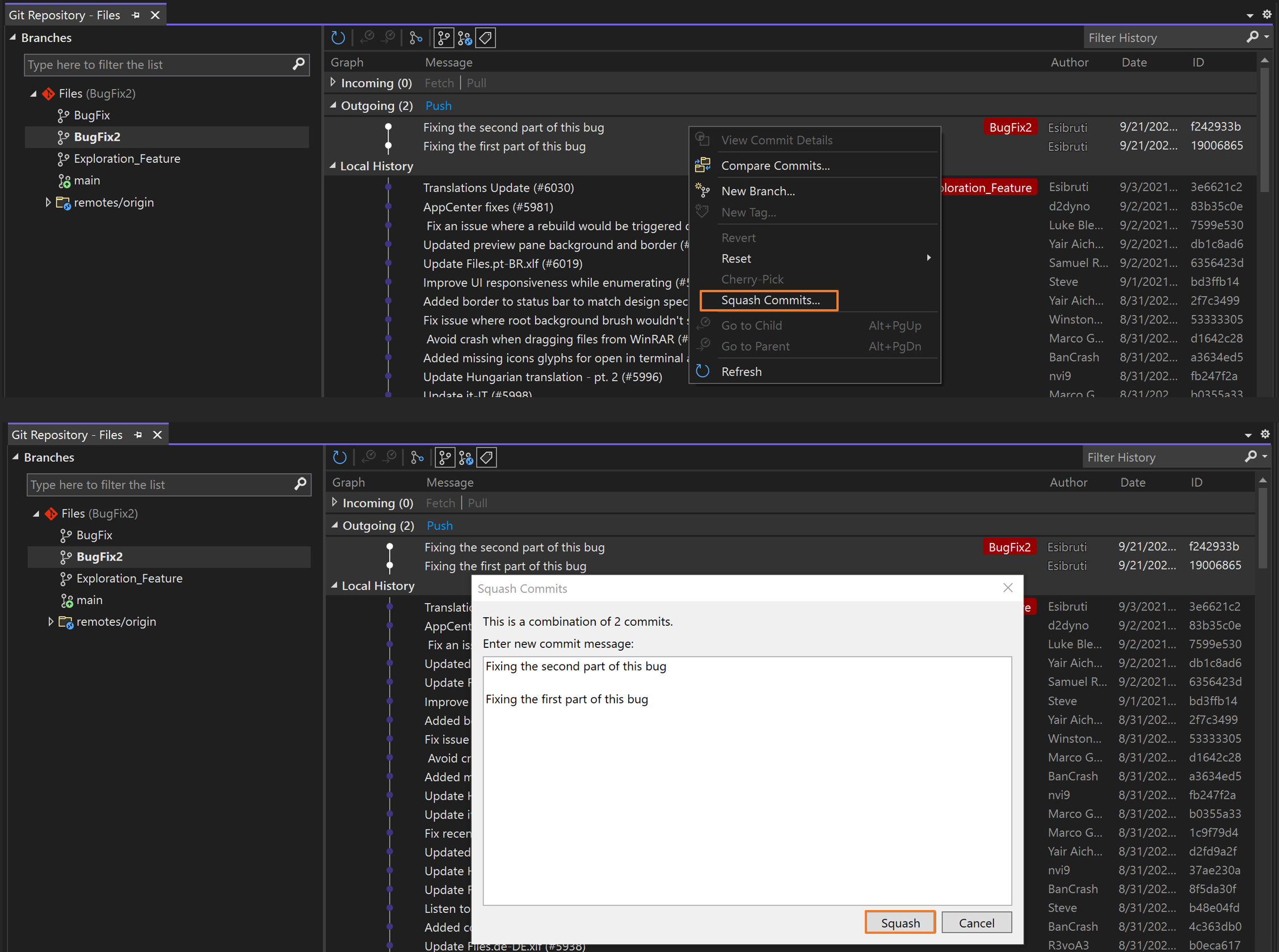 Capture d’écran de la fusion Squash des commits dans Visual Studio.