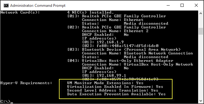 Capture de l’écran d’invite de commandes Administrateur avec un focus sur la sortie de la section relative à la configuration requise pour Hyper-V.