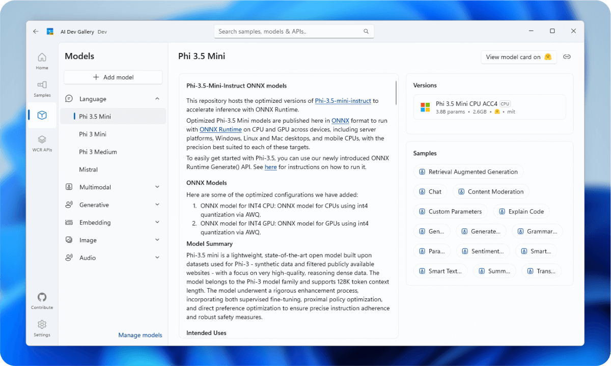 Capture d’écran de l’application AI Dev Gallery affichant un résumé de modèle pour Phi 3.5 Mini