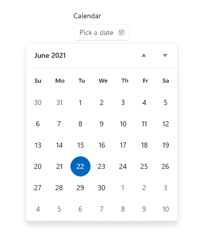 Capture d’écran d’un sélecteur de dates de calendrier montrant une zone de texte de sélection vide, puis une zone de texte remplie avec un calendrier sous celui-ci.