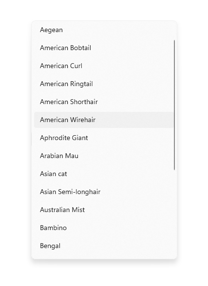 zone de liste A, affichant plusieurs options