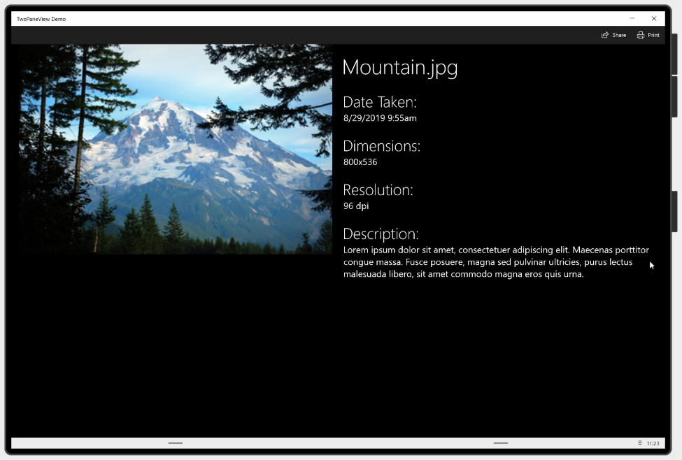 Application d’affichage à deux volets en mode large, avec une photo d’une montagne à gauche et des informations sur la photo à droite.