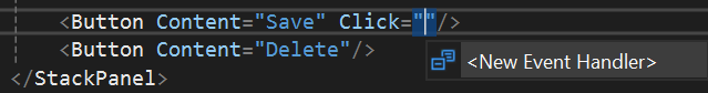 Capture d'écran de la nouvelle interface utilisateur de complétion automatique du gestionnaire d'événements de Visual Studio dans l'éditeur XAML