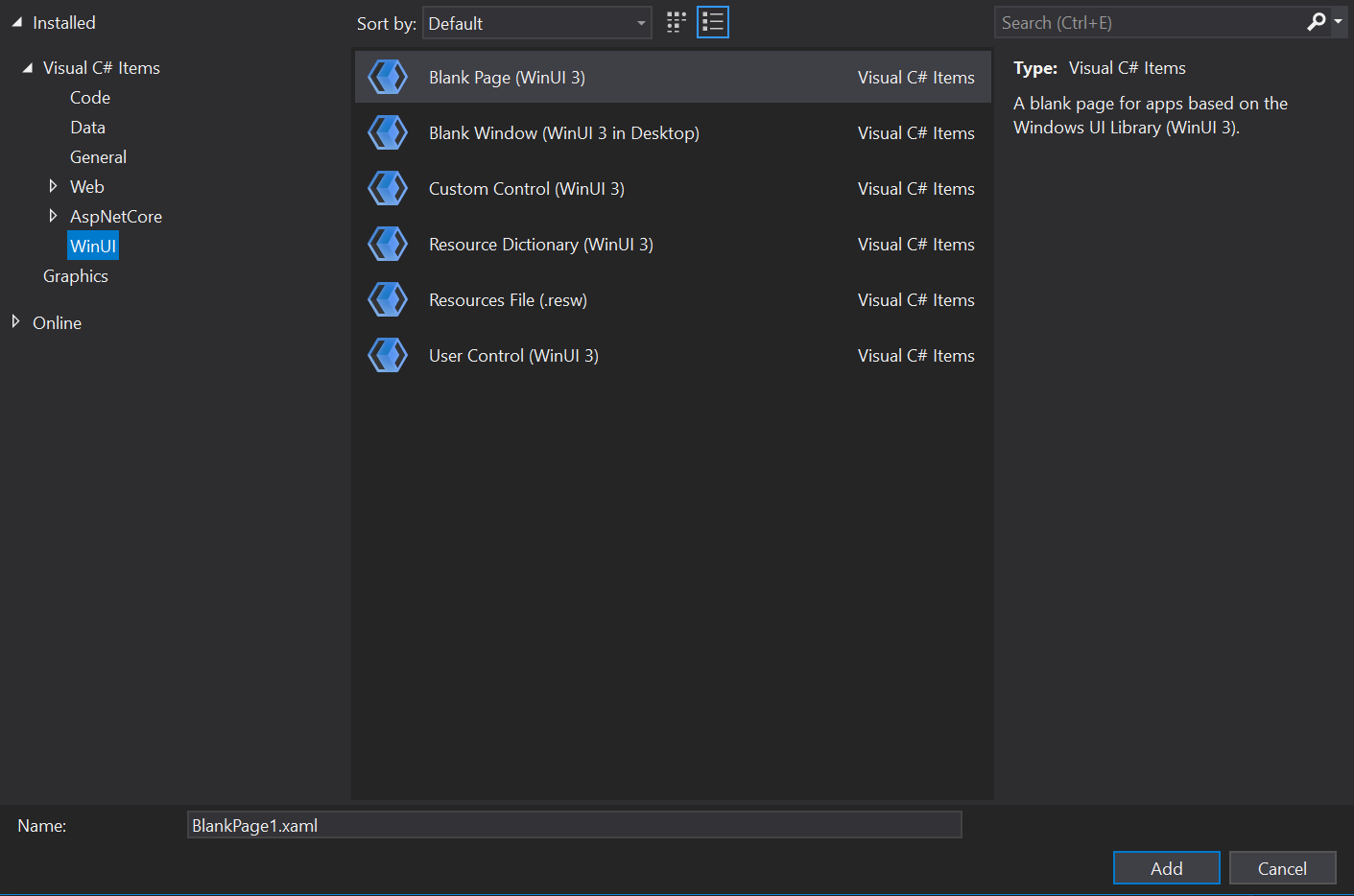 Capture d’écran de la boîte de dialogue Ajouter un nouvel élément avec l’option Installé > Éléments Visual C Sharp > WinUI sélectionnée et l’option Page vierge mise en surbrillance.