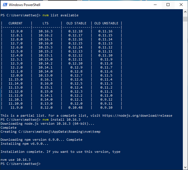 liste des versions disponibles NVM