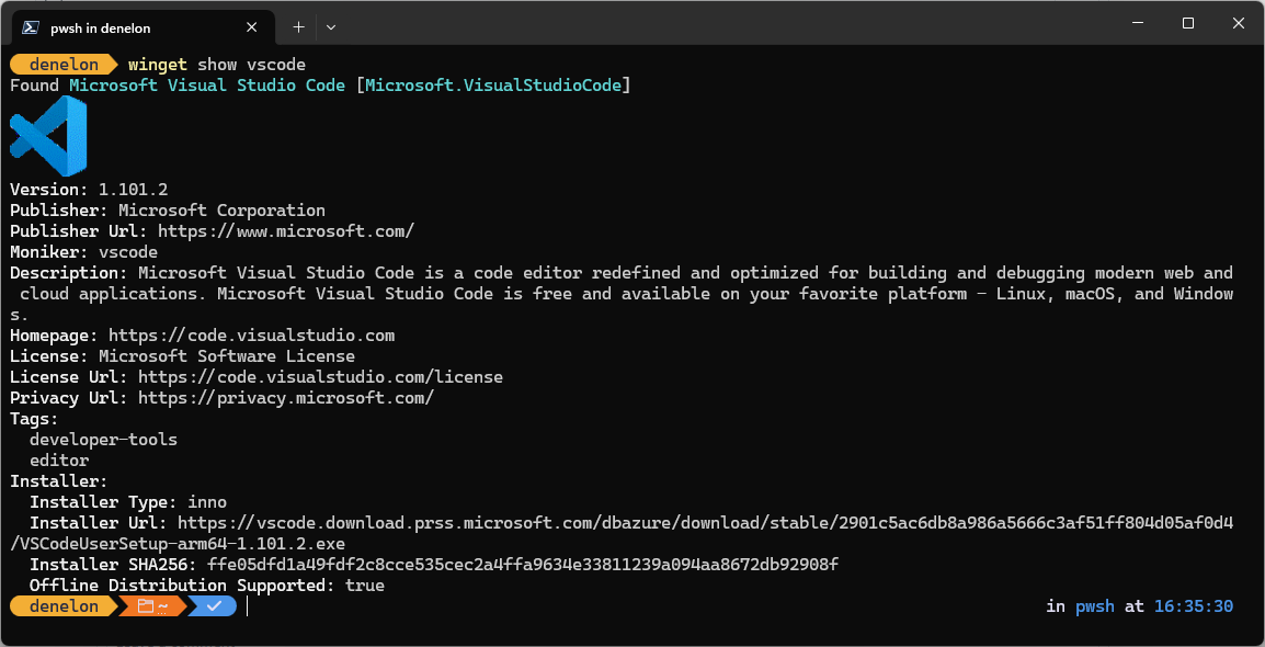 Capture d’écran répertoriant le résultat de la commande winget show vscode avec l’icône Visual Studio Code.