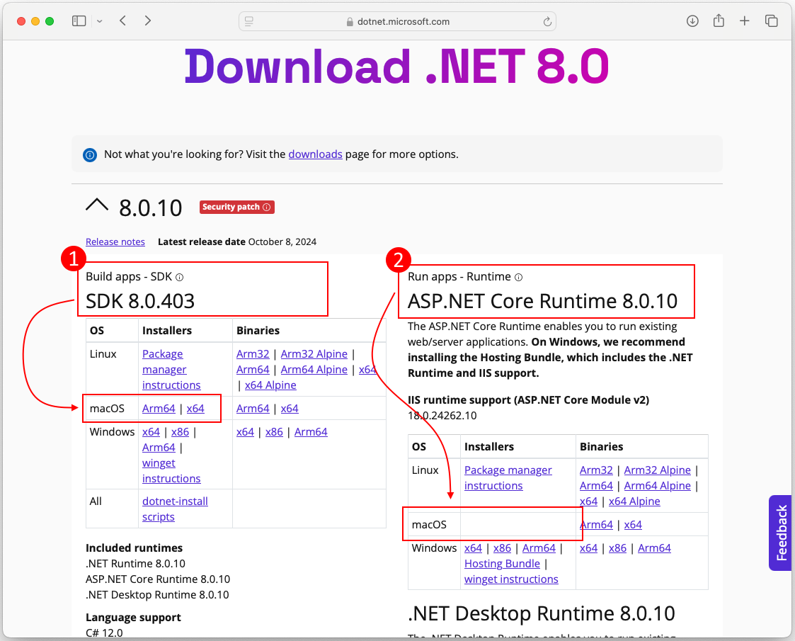  Le site web de téléchargement .NET affichant les liens de téléchargement du Kit de développement logiciel (SDK) et runtime. Les en-têtes sdk et runtime sont mis en surbrillance avec une zone rouge. Chaque zone a une flèche pointant vers le bas vers le bas vers la section macOS.