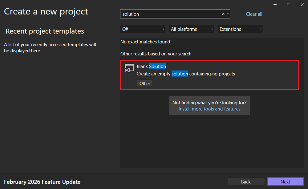Modèle de solution vierge dans Visual Studio