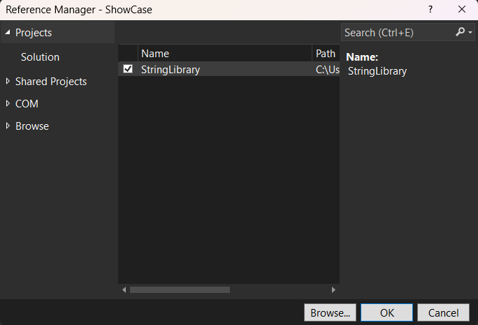 Boîte de dialogue Gestionnaire de référence avec StringLibrary sélectionnée