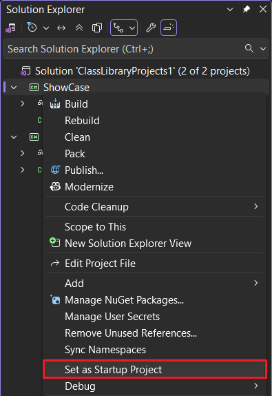 Visual Studio menu contextuel du projet pour définir le projet de démarrage