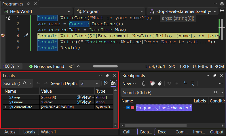 Screenshot d’un point d’arrêt dans Visual Studio