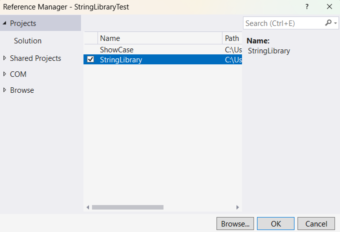 Ajoutez StringLibrary en tant que référence de projet pour StringLibraryTest.