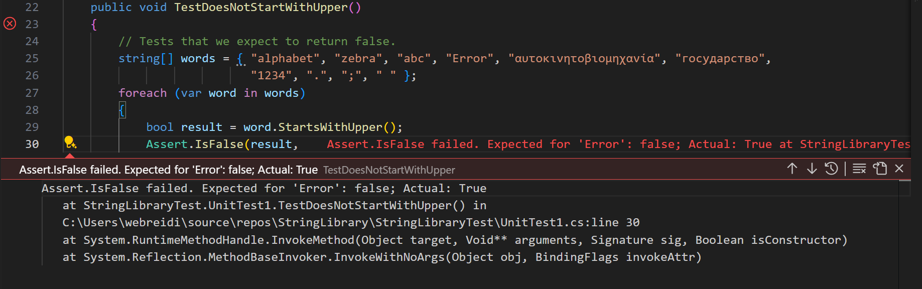 Visual Studio Code Test ayant échoué